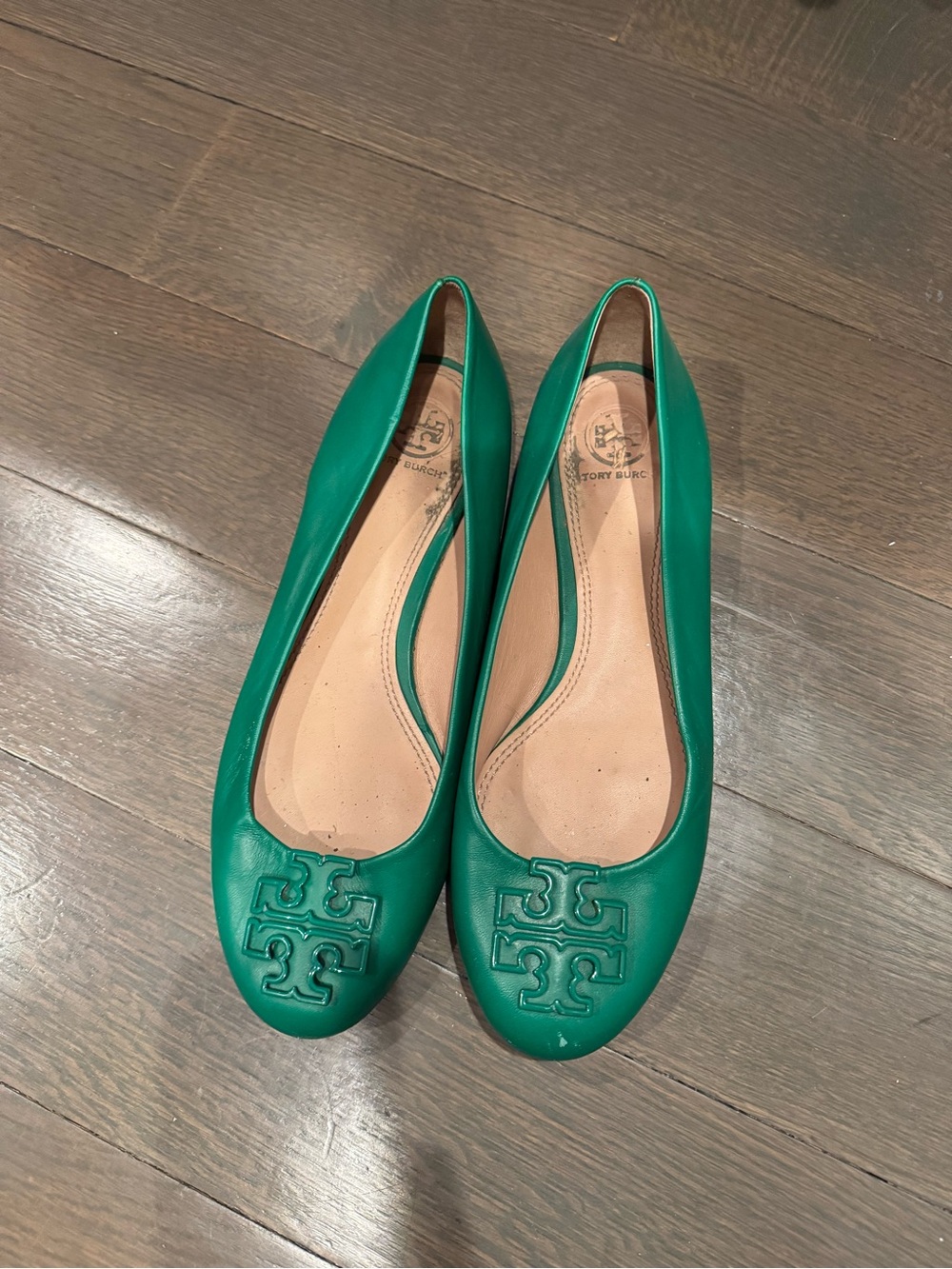 Tory Burch Emerald Green Leather Logo Ballet Flats